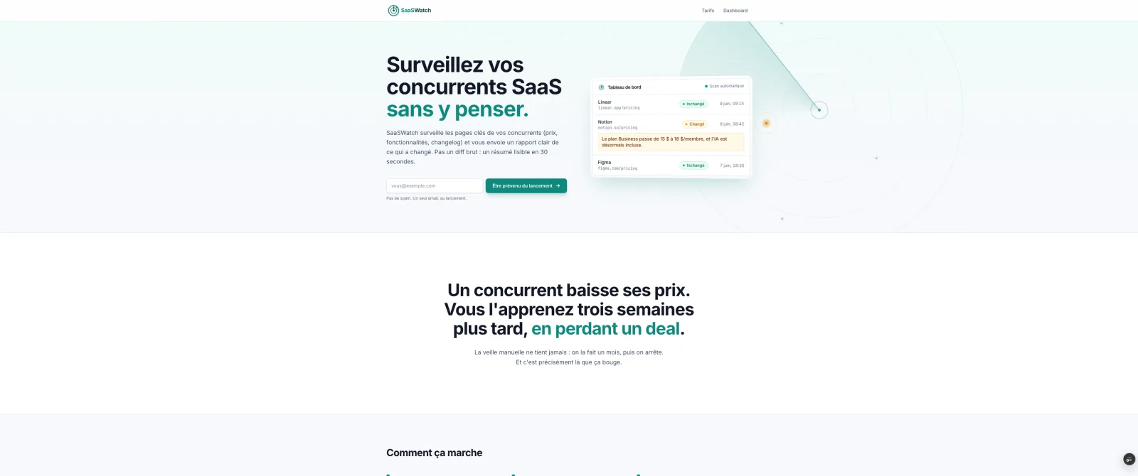 Aperçu du dashboard de veille concurrentielle SaaSWatch